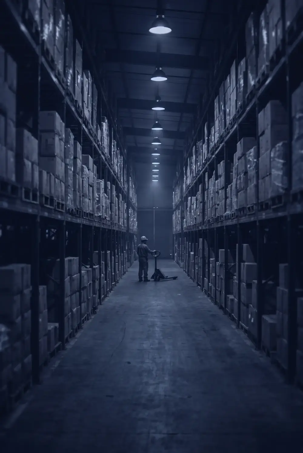 Bodega de comercio electrónico con cajas apiladas iluminadas de noche