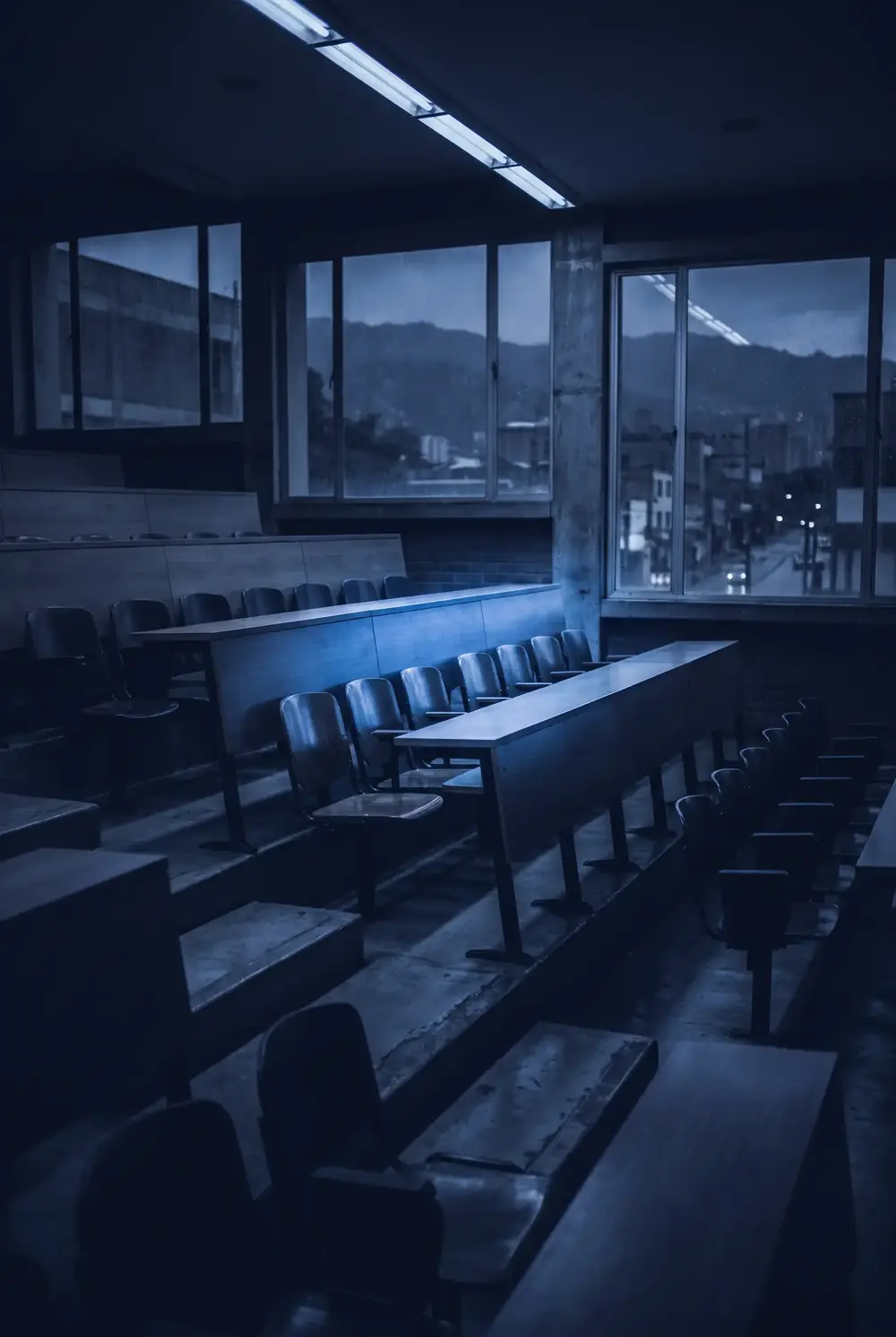 Aula universitaria vacía iluminada por luz nocturna