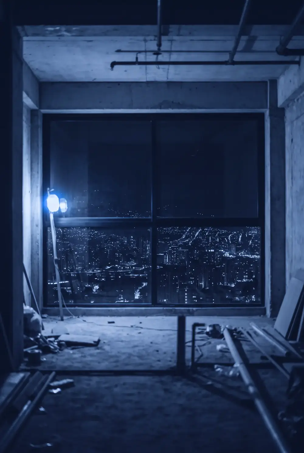 Apartamento en obra gris con vista nocturna a la ciudad