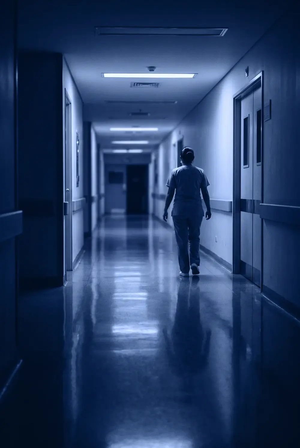 Pasillo de clínica vacío con luz tenue durante la noche