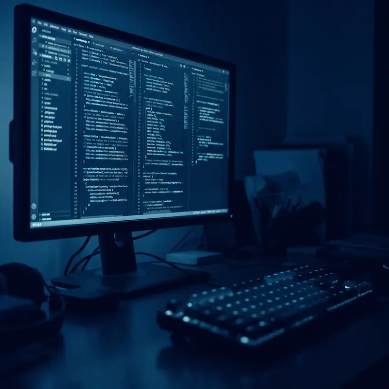 Monitor de escritorio mostrando código con la habitación a oscuras